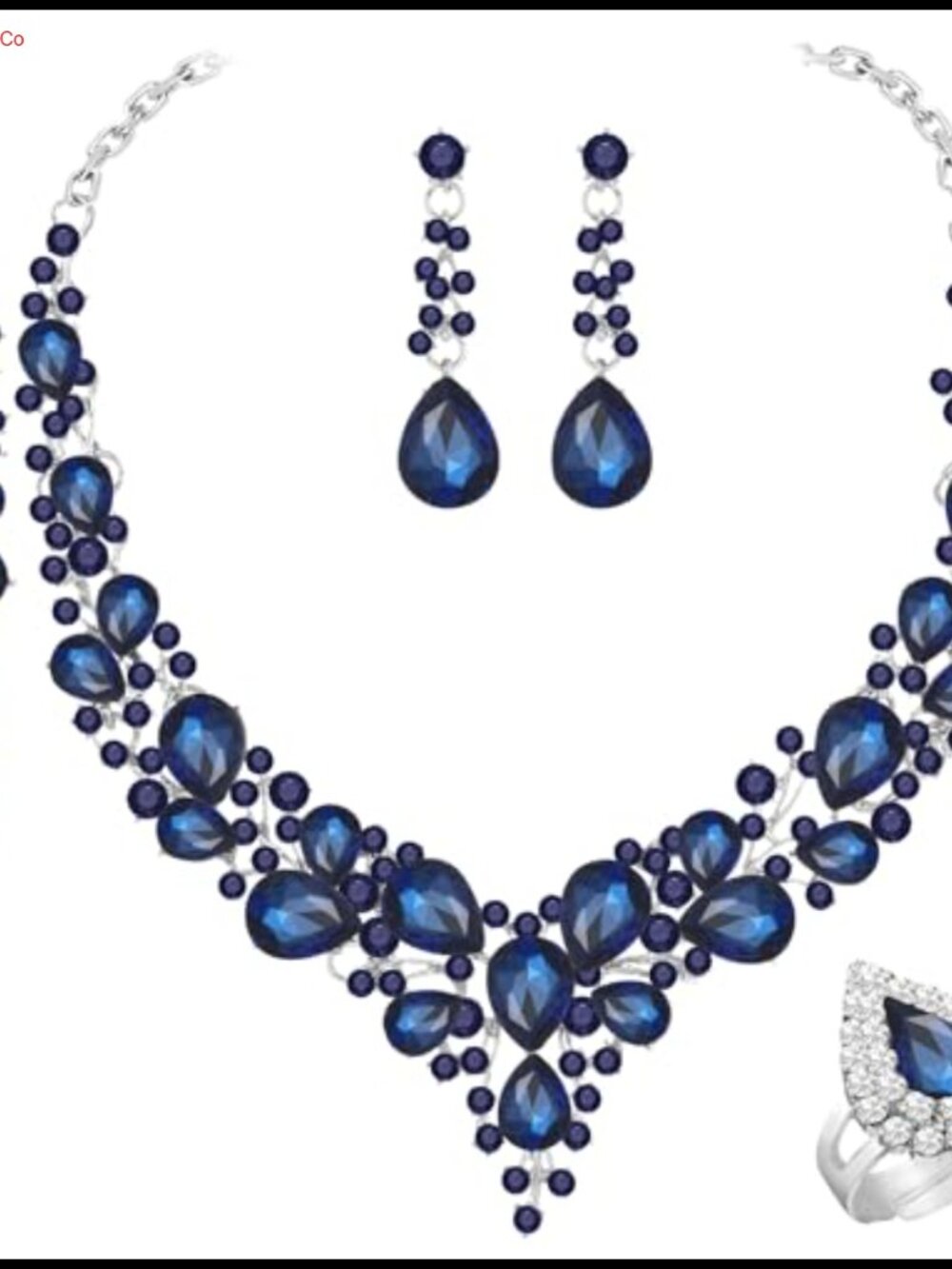 Silver Plated Crystal Teardrop Jewelry Set Necklace Earrings Bracelet Ring